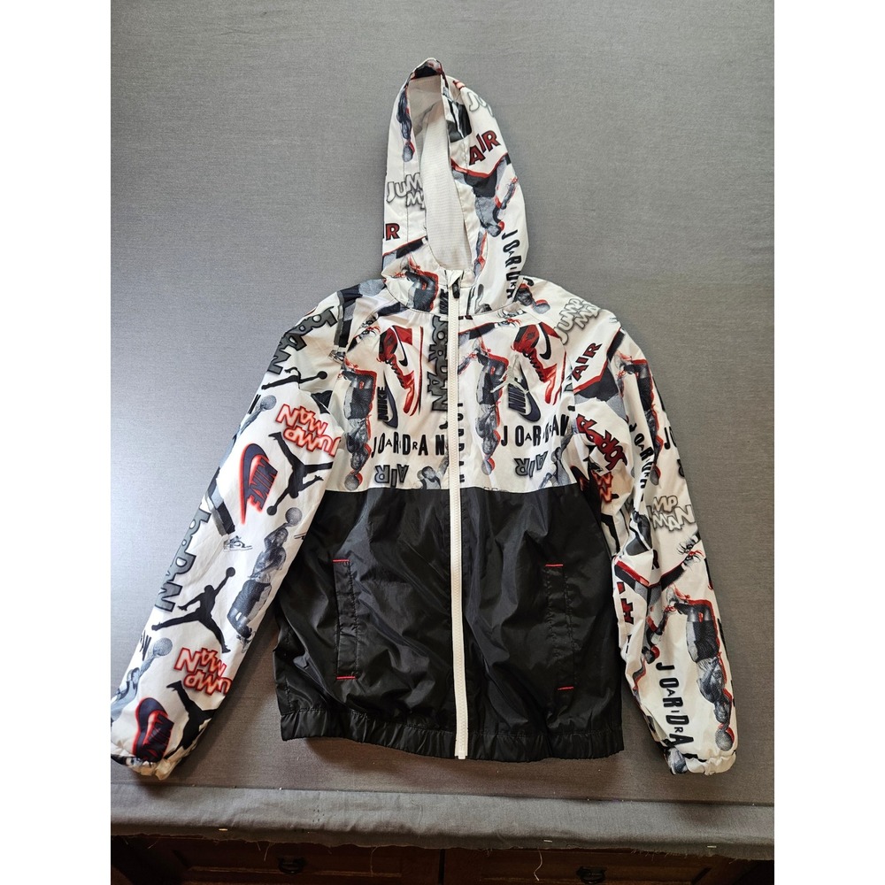 Jordan Boys Windbreaker Jacket Large 12-13 Yrs White Black Red Jumpman Full Zip